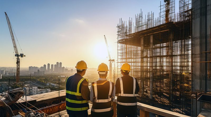 Image of three construction workers in uniform stood on the scaffolding of a building looking over a skyline to support construction collaboration article