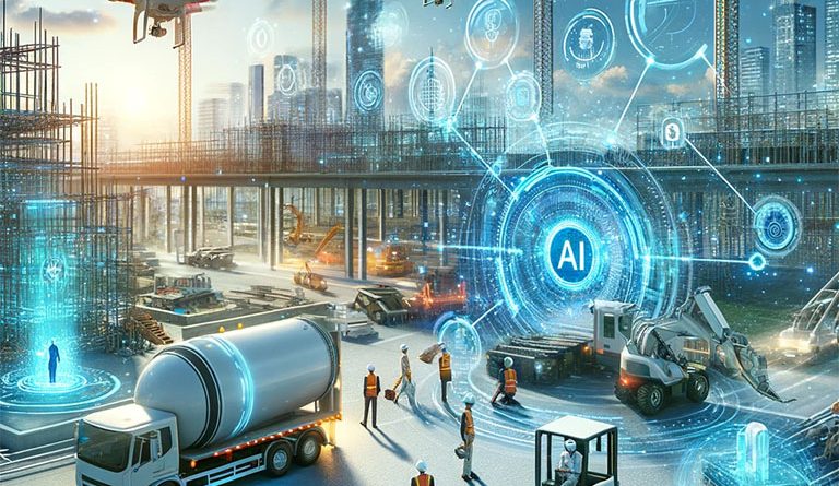 Futuristic construction site integrating AI with drones, autonomous vehicles, and digital project analytics, showcasing the blend of human expertise and AI-driven tools to support DPR Construction article.