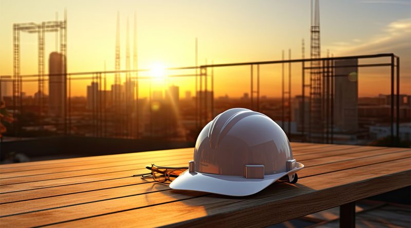 Silhouettes of the construction of new buildings with tower cranes. In the foreground is a construction helmet on a wooden table. The concept of the construction industry. Generated by AI to support Shawmut Design and Construction article