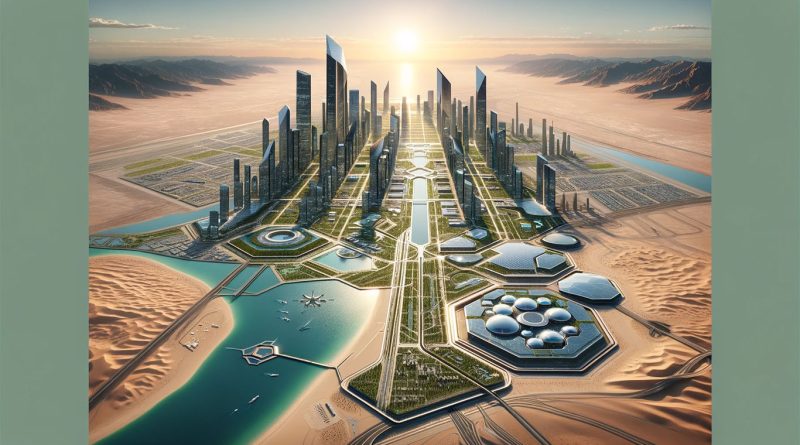 Futuristic city 'The Line' in a desert, featuring sustainable architecture, an artificial river, and green spaces, embodying innovation and harmony with nature.