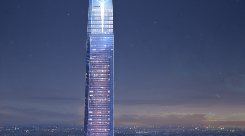 A futuristic skyscraper, Legends Tower, soars into the sky, symbolizing innovation and economic growth in Oklahoma City.