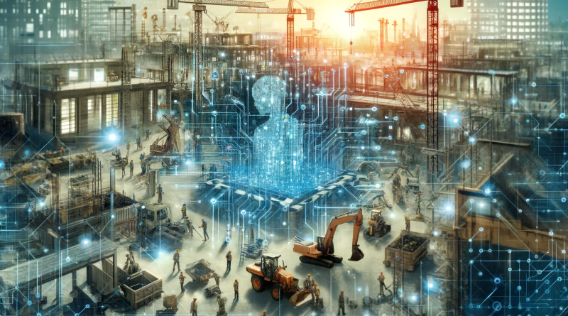 A futuristic illustration of a construction site showcasing traditional construction equipment like cranes and excavators overlaid with digital circuit patterns symbolizing artificial intelligence integration to support construction AI article