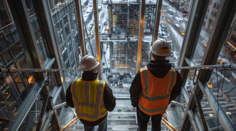 Two construction workers going up a construction site in an elevator to support article