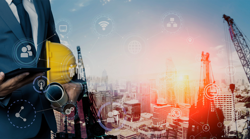 Digital image of a construction professional holding a hard hat in front of a construction site background with blueprints to support AI in construction article