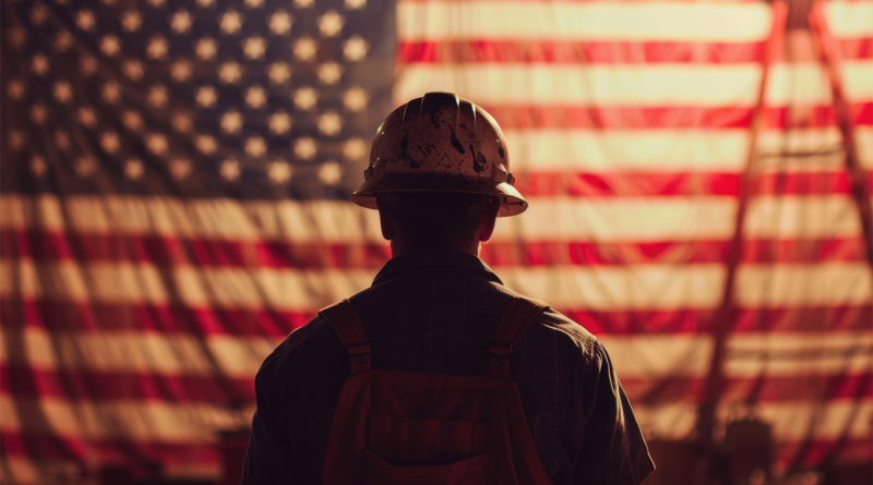 American flag with silhouette of construction worker in front to support construction in the US article