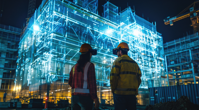 Construction workers standing in digital site to support construction technology article