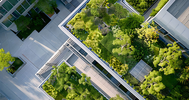 A green roof with trees and plants on top of a building. The roof is covered in vegetation and he is a part of a larger green space