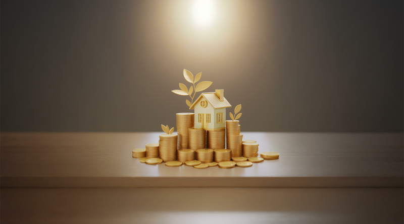 Model of a house on a pile of coins to support construction spending article