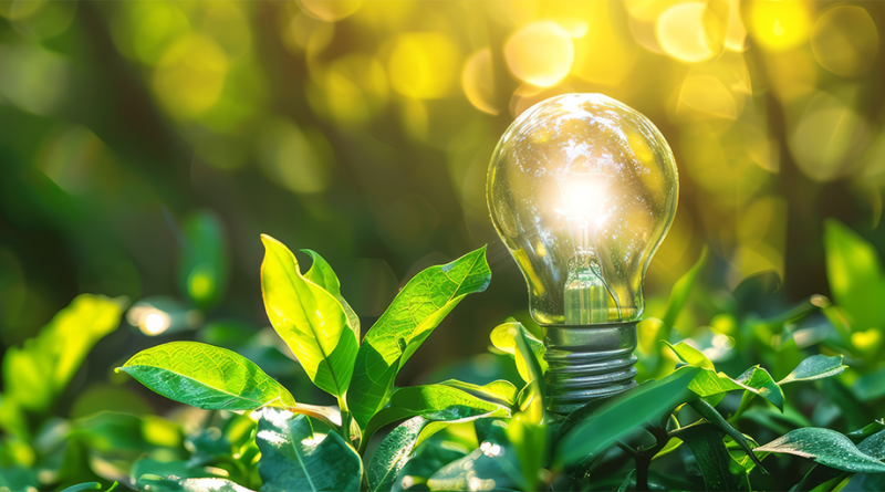 Light bulb growing in lush green fields to support Data center permitting and green energy article