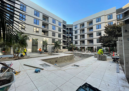 Courtyard in apartment complex being built