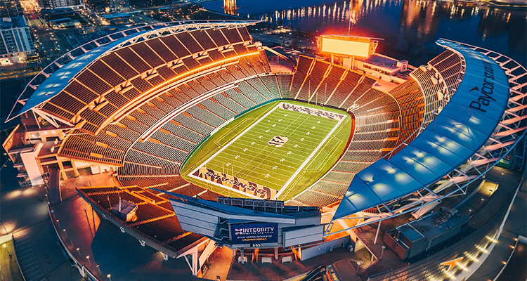 Paycor Stadium Cincinnati, Ohio lit up at night