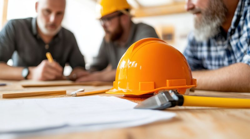 Ensuring Compliance With Regulations as a Government Contractor Government contractor team gathered around desk with hard hat and paper work to discuss compliance