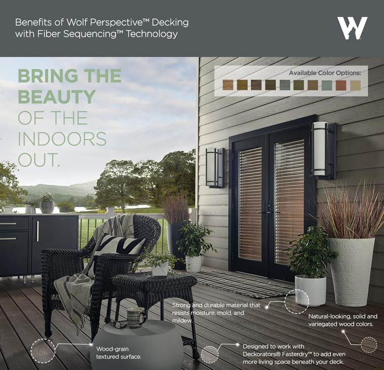 Infographic by Wolf Home Products showing features and color options of decking