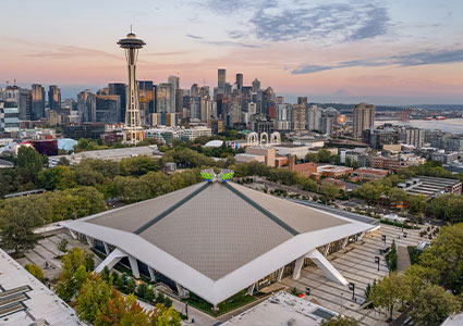 a scenic view of the Climate Pledge Arena in Seattle, Washington