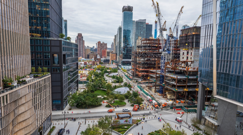 Construction workers work on building a new skyscraper at Hudson Yard in Manhattan, New York City.