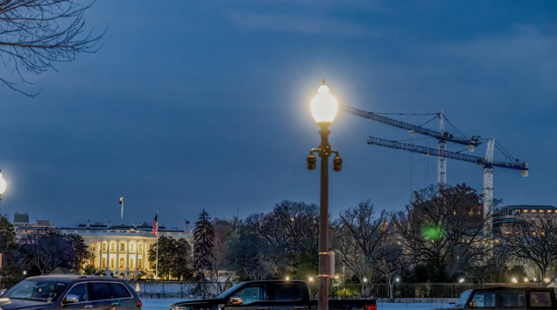 View of East Wing construction near the White House in Washington D.C. during dusk