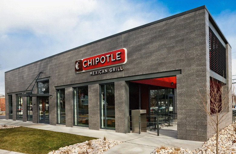 Chipotle restaurant wrapped in Graphite Gemstone® ground face units. Image: York Building Products.