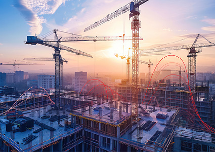 A construction site with multiple tower cranes against an urban skyline