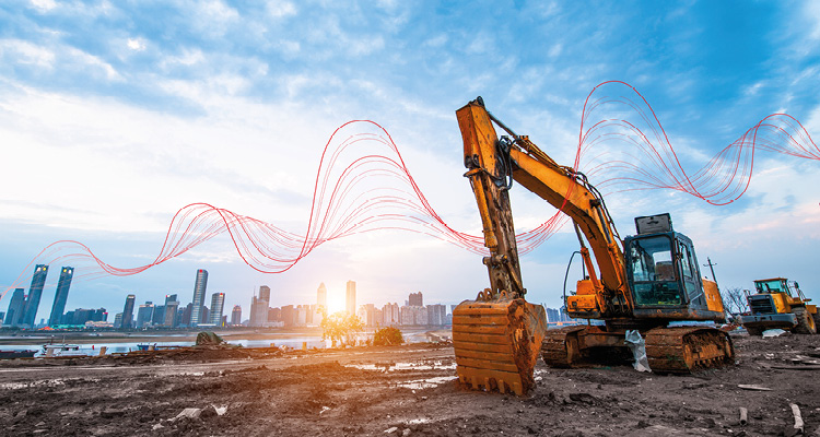 a composite of a construction site with an excavator, superimposed with abstract digital data visualization elements