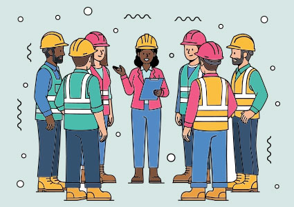 vector illustration of construction workers gathered for a team meeting against a light blue, patterned background