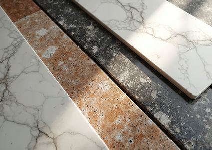 various natural stone and quartz countertop samples