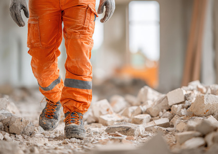 a worker wearing orange high-visibility safety work trousers walking through demolition debris on a construction site