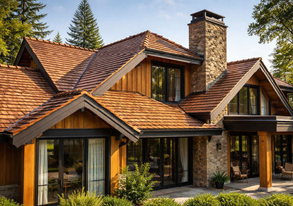 rustic wood and stone cottage design featuring a prominent chimney and gable rooflines