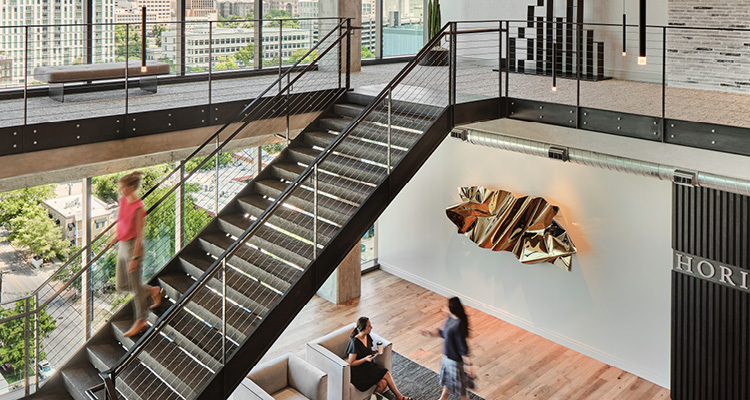 a modern office interior for Horizon Bank located in the 600 West Fifth Tower, designed by The Beck Group and Studio8 Architects