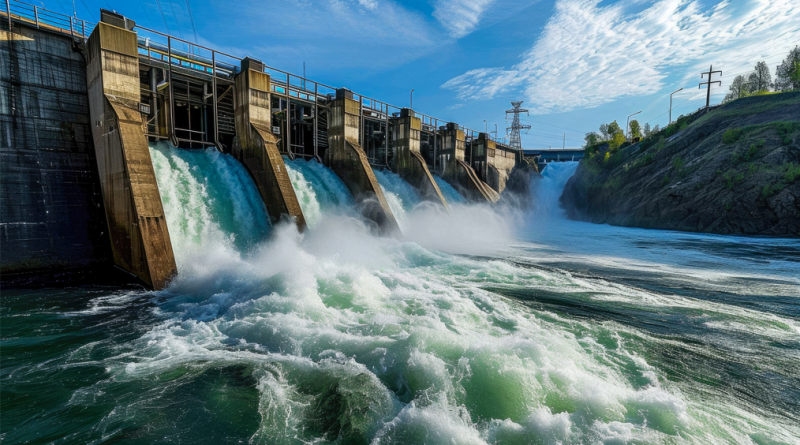 hydroelectric dam on a river with water flowing through the turbines
