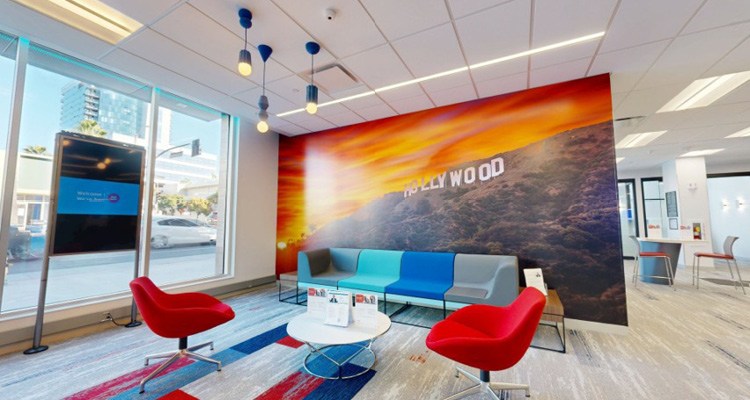 a modern, brightly lit office lobby or waiting area