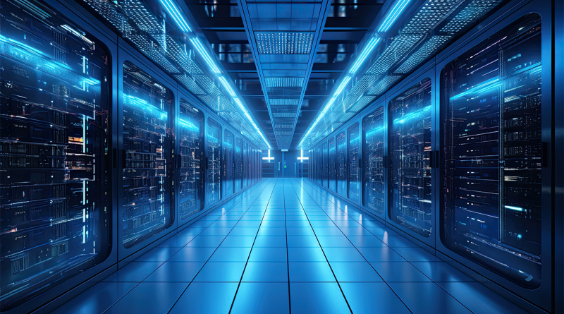 Modern hyperscale data center server room with rows of illuminated server racks, blue LED lighting and a raised access floor supporting AI and cloud computing infrastructure.
