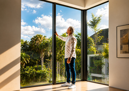  a man standing inside a modern, sunlit room looking out of large, open-corner glass doors