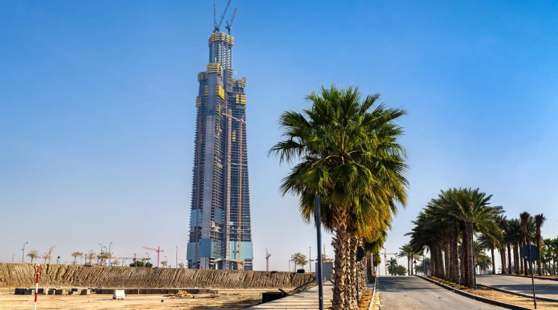 Jeddah Tower under construction in Saudi Arabia, illustrating the world's tallest skyscraper rising above Jeddah Economic City.