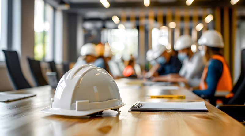 construction site office with workers sat round desk