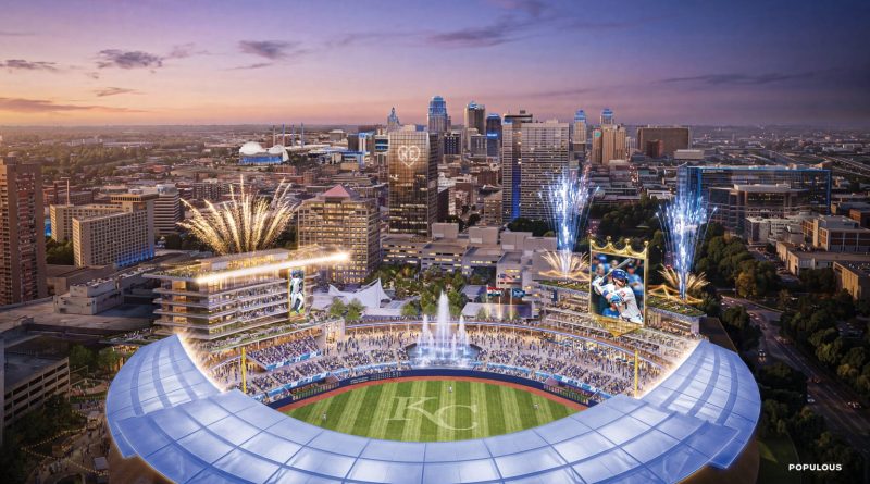 Rendering of the proposed Kansas City Royals stadium at Crown Center in Kansas City
