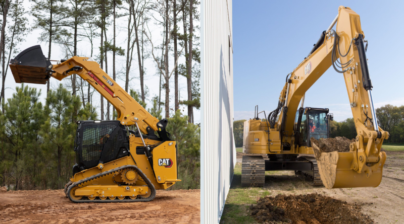 Side-by-side comparison of a yellow Cat compact track loader lifting a bucket on a dirt site and a Cat tracked excavator digging beside a building.