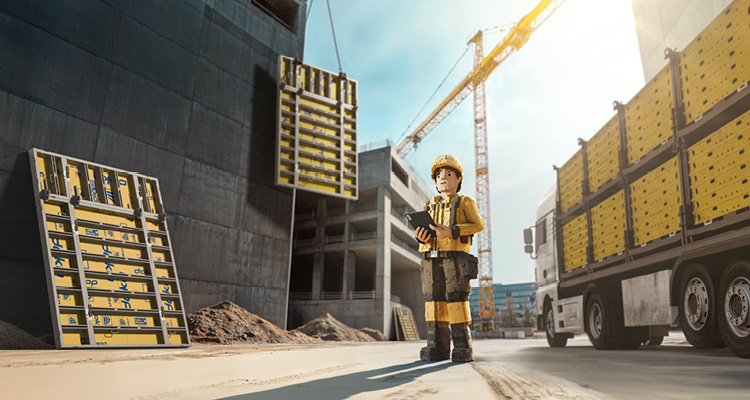 The image features a Doka construction campaign (promoting systems like Framax Xlife wall formwork and digital/logistics solutions such as Doka 360)