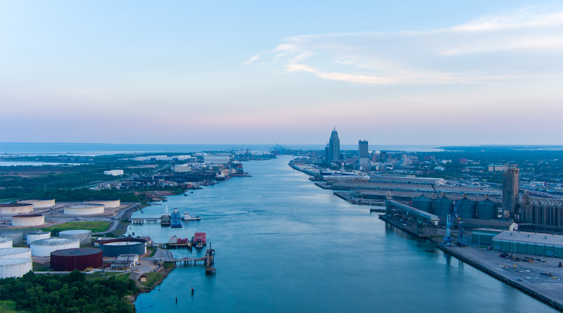 Downtown Mobile, Alabama waterfront skyline at sunset