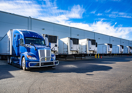 a blue semi-truck with a refrigerated trailer parked in a row of loading docks at a commercial warehouse