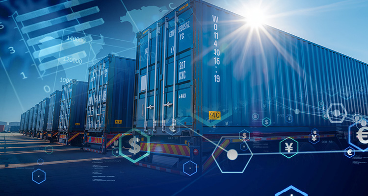 a row of blue ISO shipping containers overlaid with digital data graphics and currency symbols