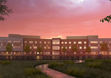 a large, modern multi-story building set against a vibrant sunset or sunrise sky