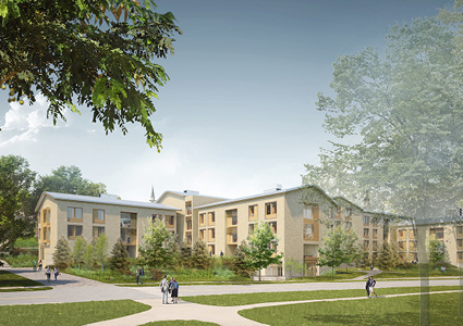 an architectural rendering of the Mayflower Hill Residence Hall