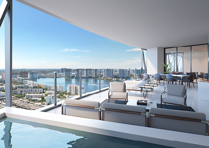 a rendering of the private terrace and pool at the Bentley Residences in Sunny Isles Beach, Miami