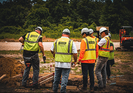 construction workers wearing high-visibility safety vests and hard hats gathered around a wooden foundation formwork and excavation site