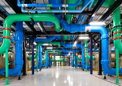  a large-scale industrial heating and cooling plant room, featuring blue and green insulated piping systems