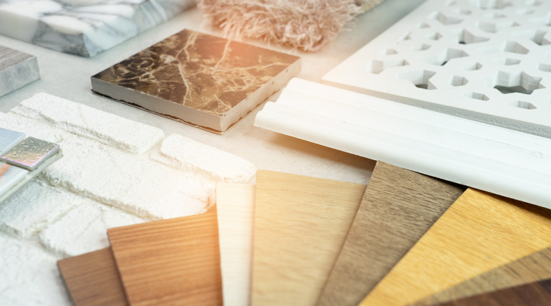 Samples of material, wood , on concrete table.Interior design select material for idea