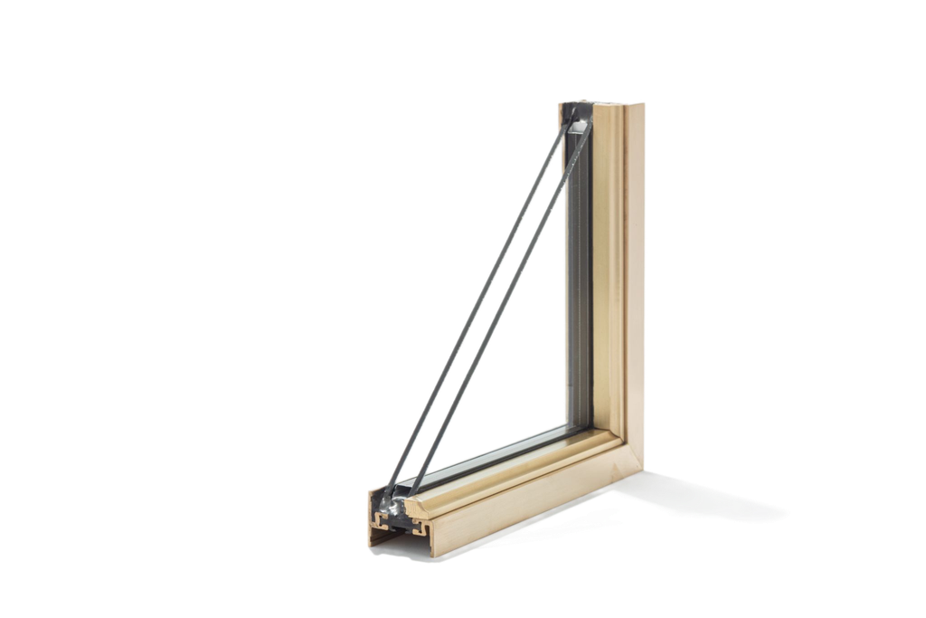 Sample corner section of a Riviera Bronze thermally broken window. A thermal break separates a frame's interior and exterior metal to limit heat transfer.